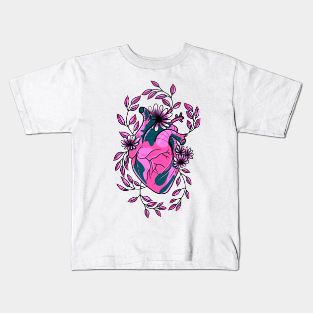 enchanted pink heart, witchy flowers and leaves cute gift Kids T-Shirt by AnanasArt